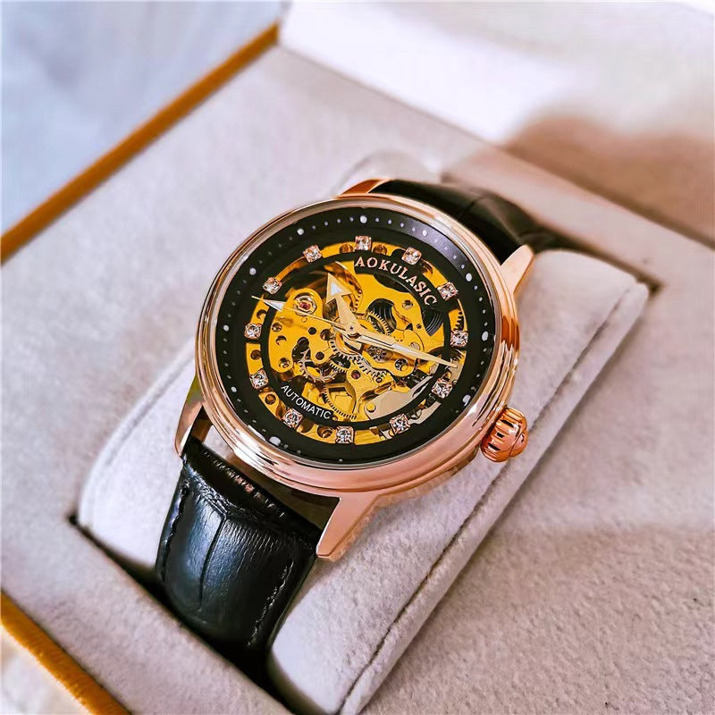 Hollow-Out Diamond-Encrusted Luminous Water-Resistant Mechanical Watch