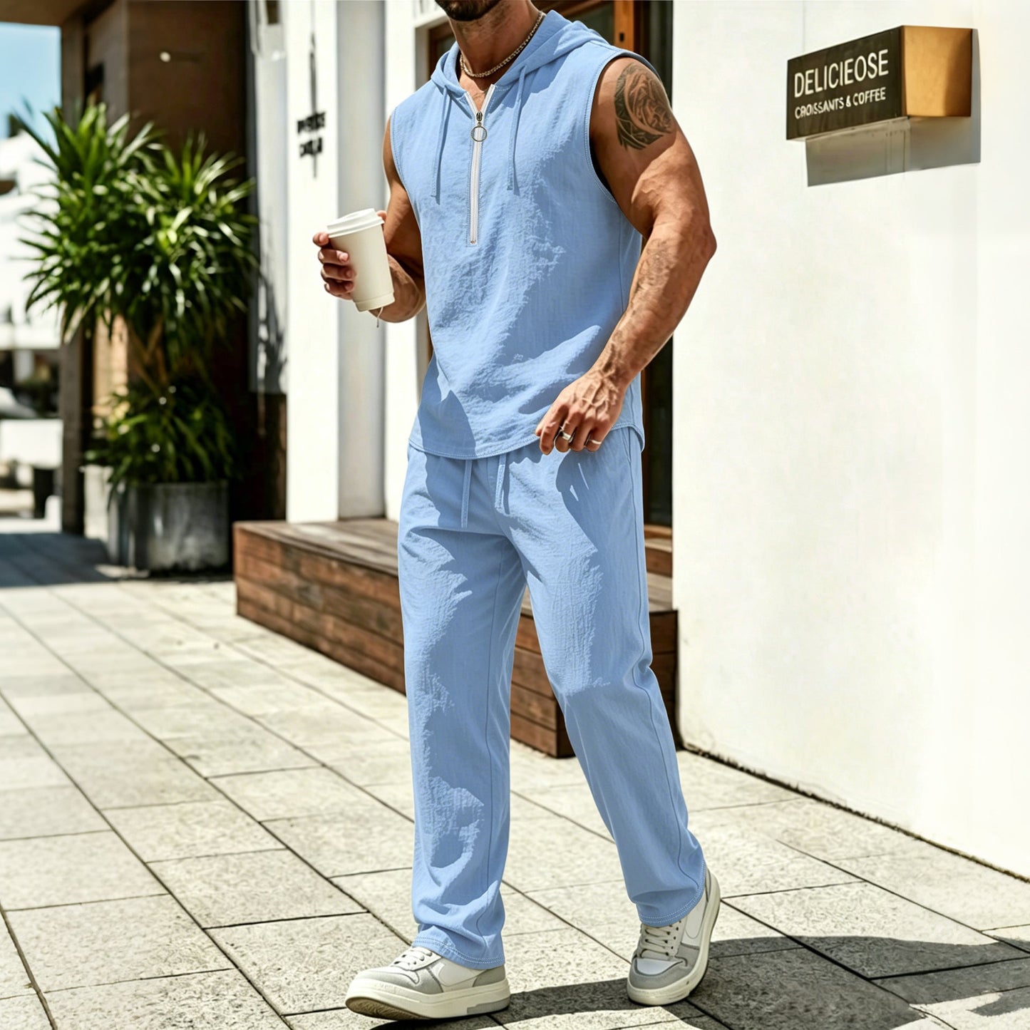 Summer Hooded Zipup Sleeveless T-shirt And Pants Set