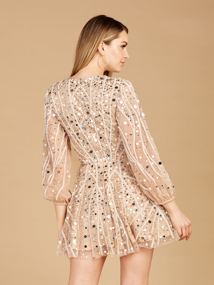 Perlenbesetztes langärmliges Braut-Cocktailkleid, kurz - OUTLET