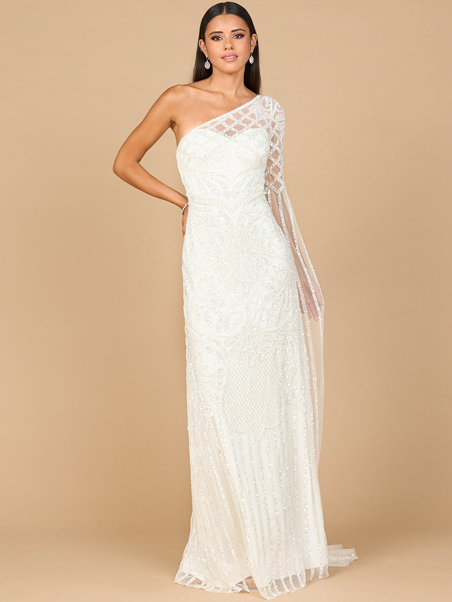 Brautkleid mit einem Ärmel und Perlenstickerei