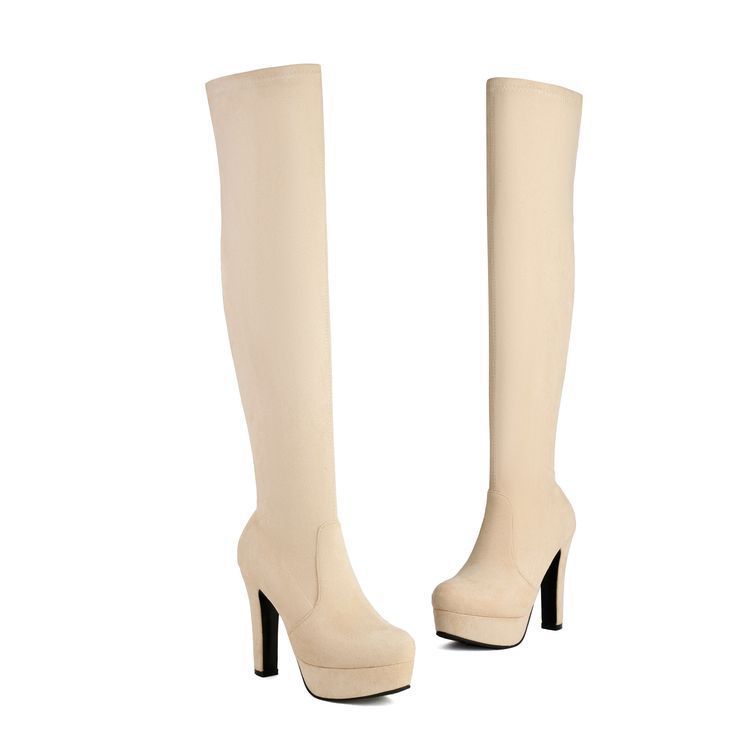 Womens Round-toe Chunky High-heeled Solid-color Side-zip Long Boots