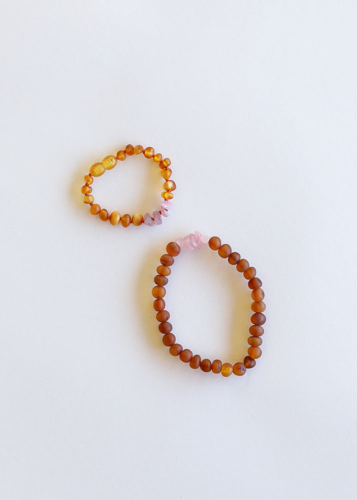Roh-Cognac Baltischer Bernstein + Roher Rosenquarz || Armband-Set