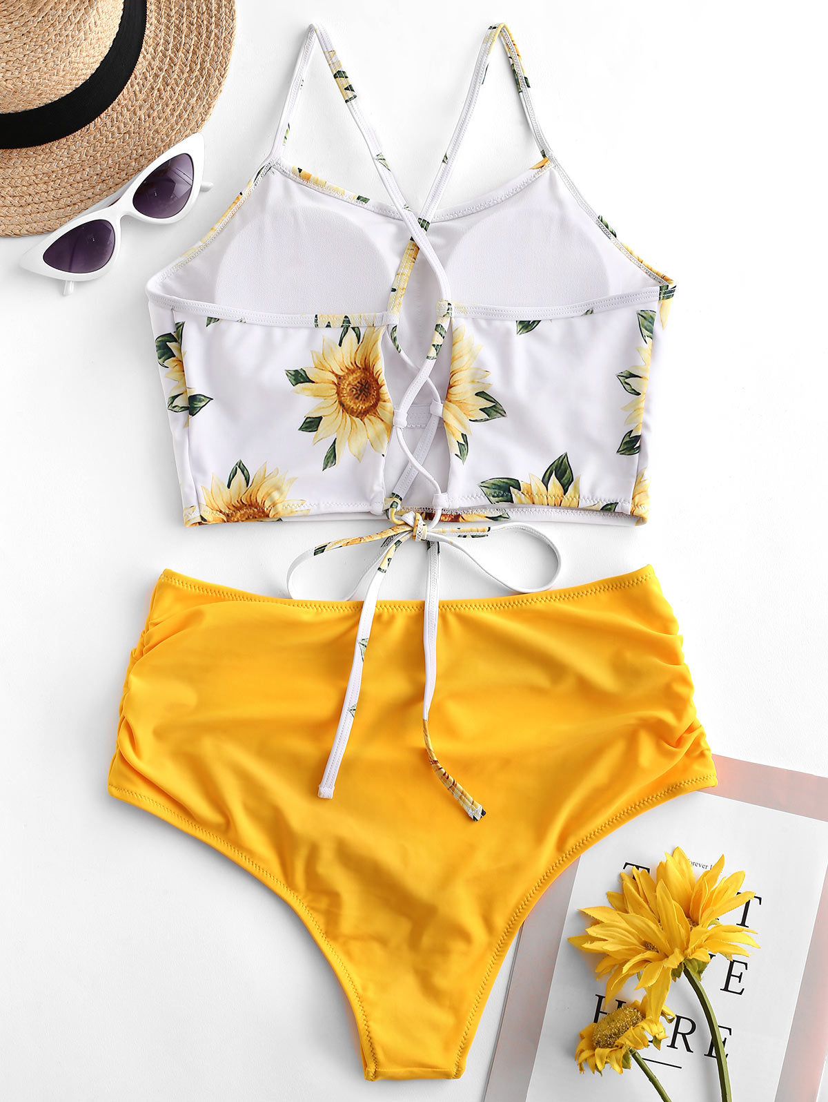 High Waist Bikini Sunflower Swimsuit Women Bikini Floral Swimsuit Floral Crop Tie Knot Front High Waist Bikini Set Two Piece Swimsuit For Women Summer High Waisted Bathing Suit