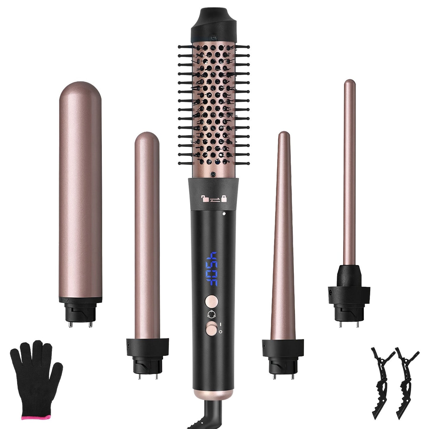 5-in-1 Lockenstab Haarlockenbürste Haar-Thermobürste Lockenwickler mit 4 Heizstufen 360° drehbarem Kabel 5 austauschbaren Aufsätzen 2 Clips Lea