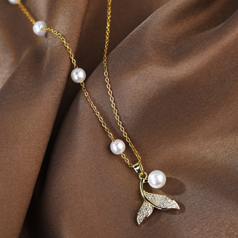 Dainty Mermaid Tail Pearl Necklace For Women, Shell Inlay Adjustable Collarbone Chain, Elegant Long Sweater Chain Ocean Fashion Jewelry