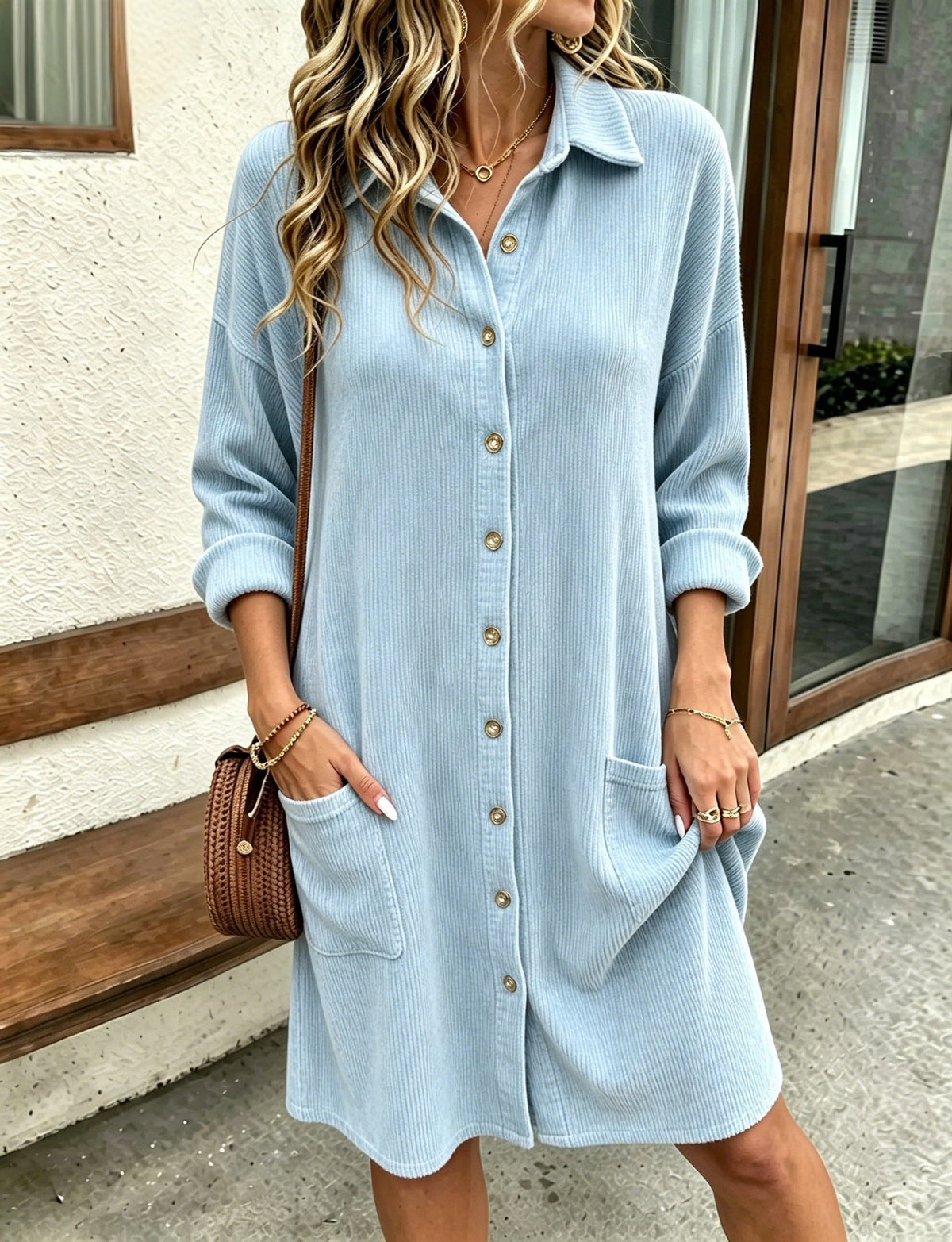 Autumn New Womens Corduroy Shirt Dress With A Turn-down Collar And Single-breasted Design