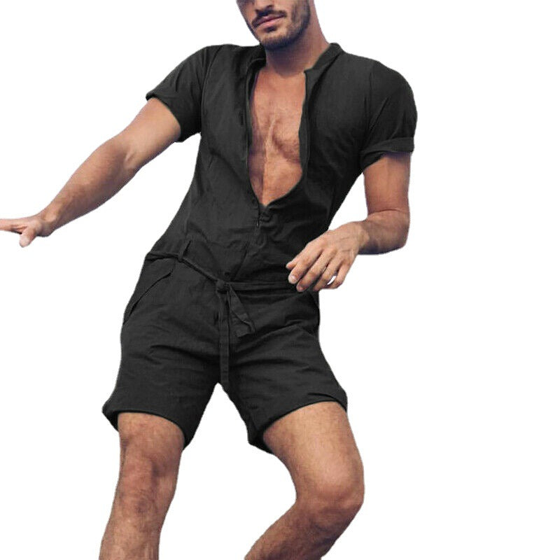Solid-color Short-sleeve Jumpsuit For Men