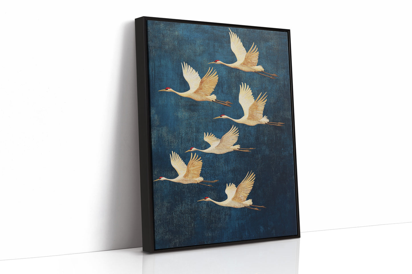 Elegante Kanadakraniche im Flug – Minimalistische Vogelkunst im japanischen Stil