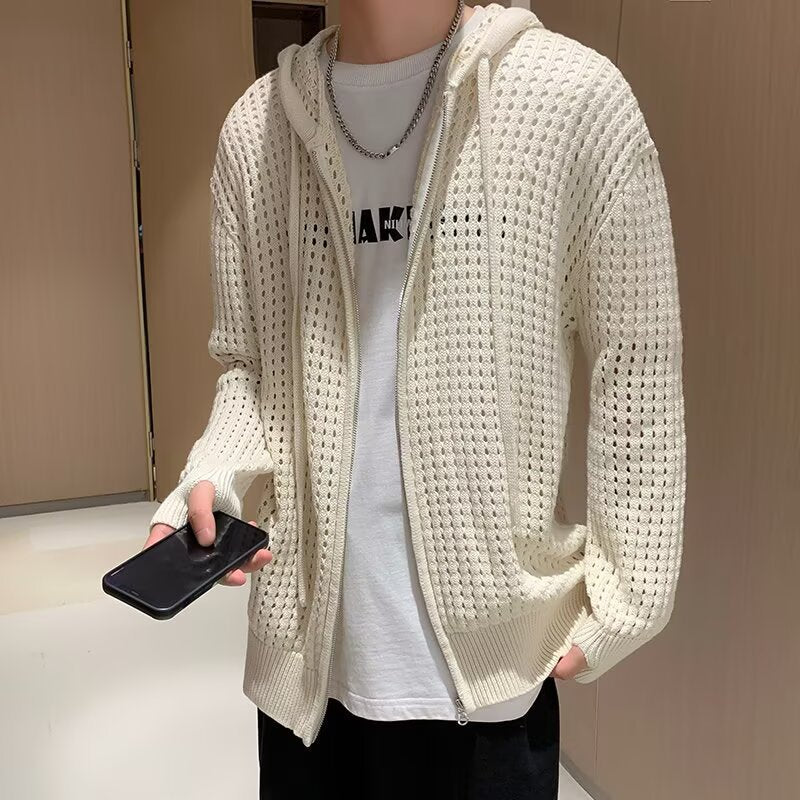 Mens Hollow-out Knit Cardigan With A Designer Touch