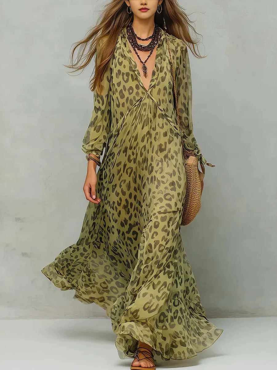 Women's Leopard Print Chiffon Deep V-Neck Flared Maxi Dress | Three-Quarter Sleeve Beach Vacation Dress
