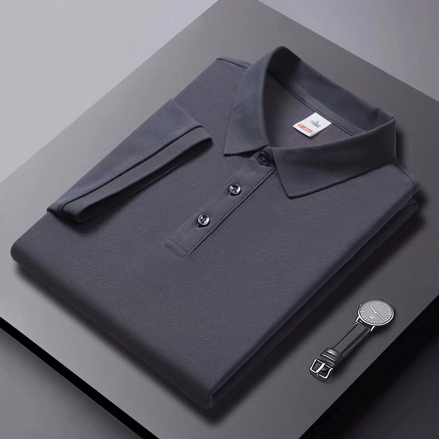 Solid-color Summer Mens Clothing Lapel Half-sleeve High-end Trendy Casual Plain Top