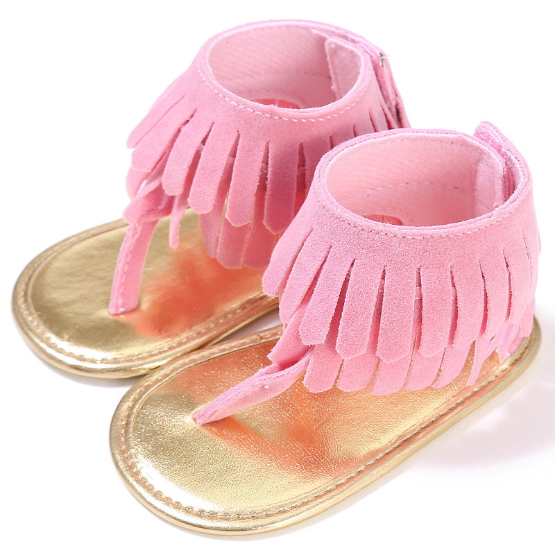 Baby Summer Newborn 0-18M Infant Baby Girls Children's Sandals Summer New Retro Tassel Flannel Baby Shoes Solid Non-slip