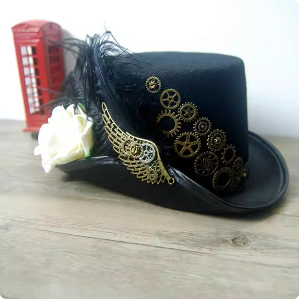 Retro Steampunk Ball Gatsby Hat With Winged Feathers