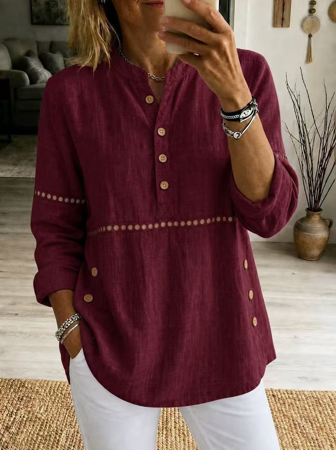 New Autumn And Winter Women's Clothing Stand-up Collar Half-open Front Long-sleeved Top With Side Button Closure Loose Fit Casual Solid Color