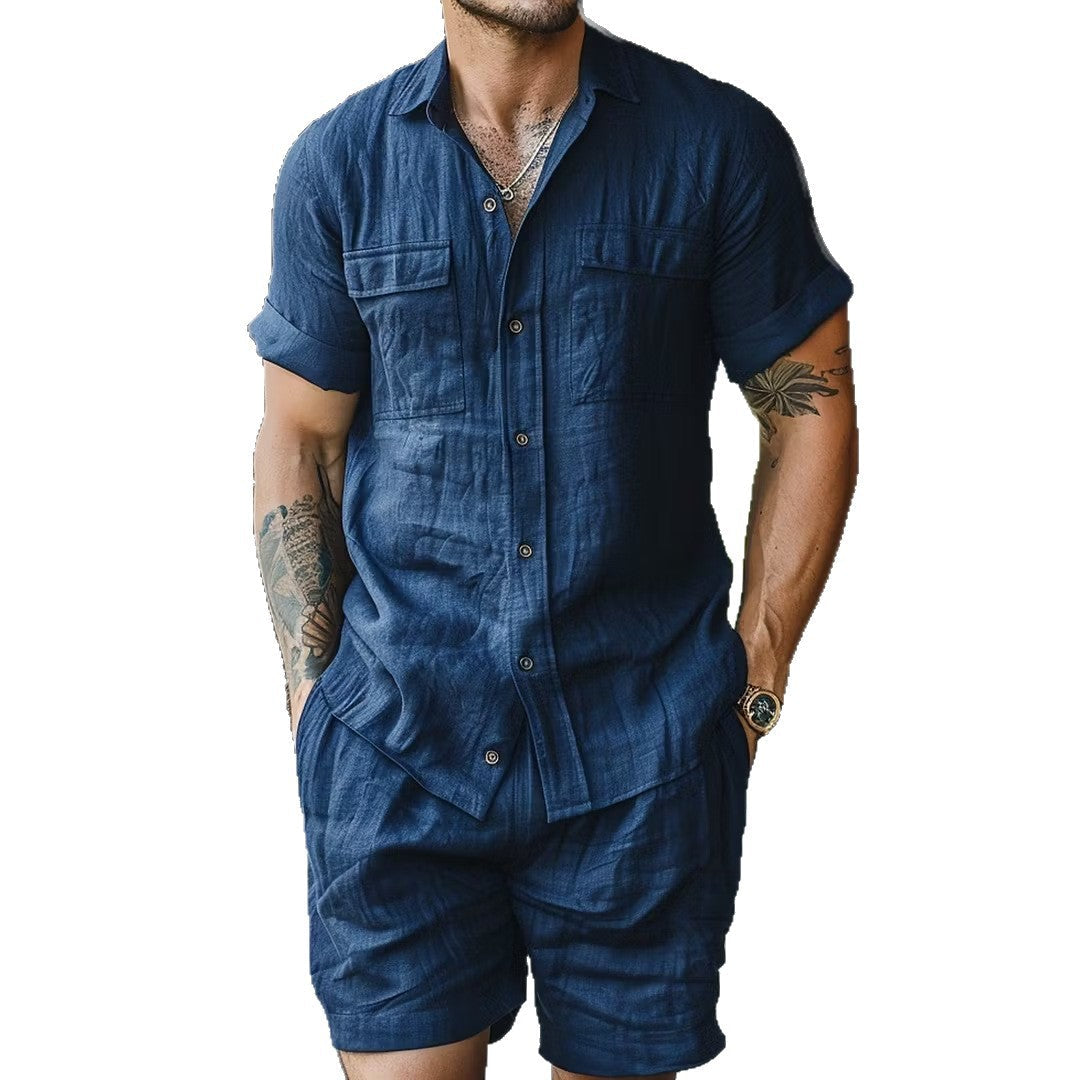 Relaxed-fit Linen Outdoor Casual Beach Multi-pocket Lapel Workwear Short-sleeve Shirt And Shorts Set