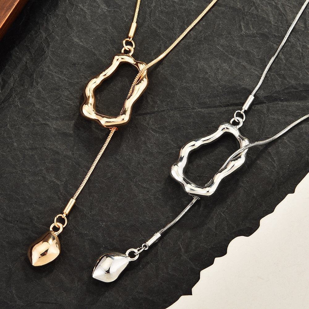 Dainty Irregular Geometric Ring Pull Adjustable Sweater Chain For Women, Y-Shape Tassel Collarbone Chain, Minimal Sweet Fashion Jewelry