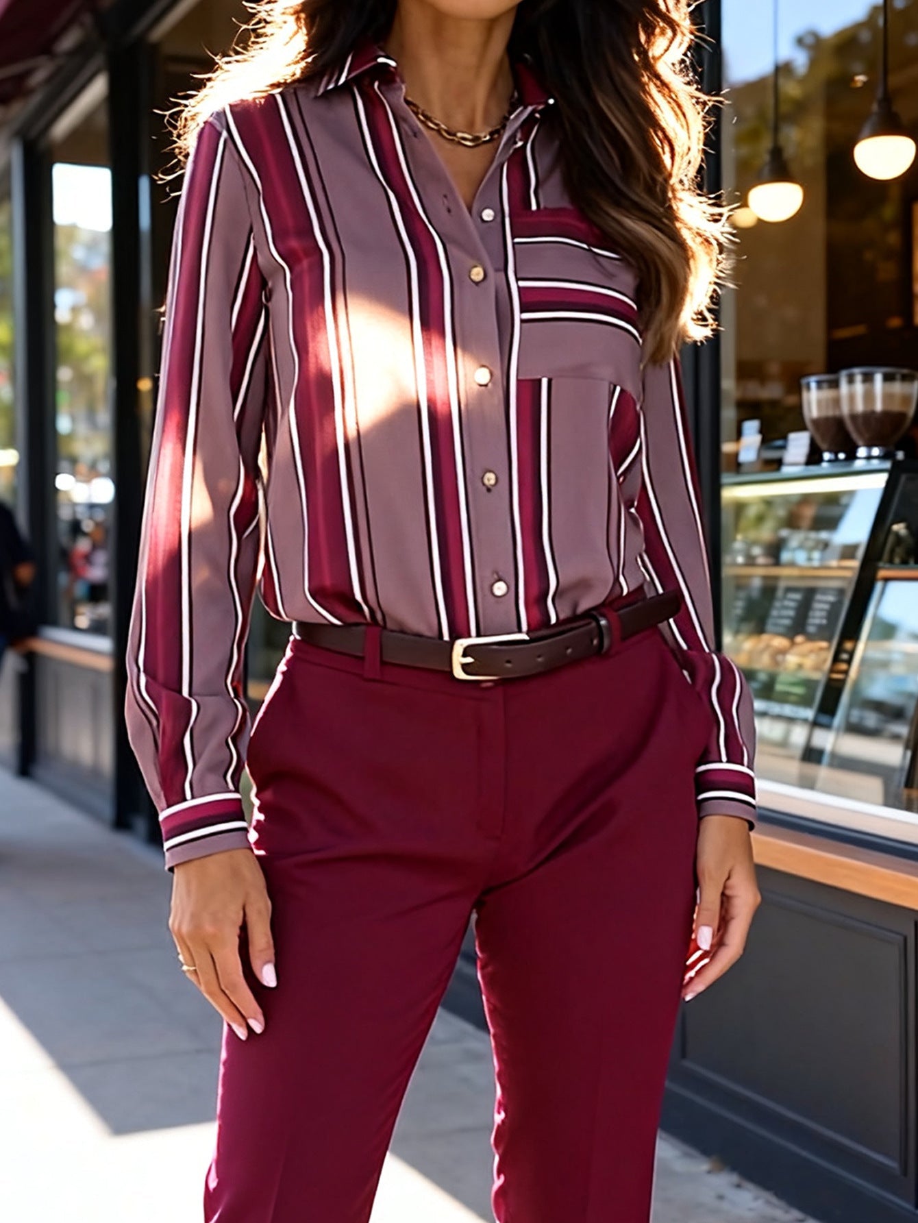 Elegant Sophisticated Striped Patchwork Print Blouse With Long Sleeves For Workwear