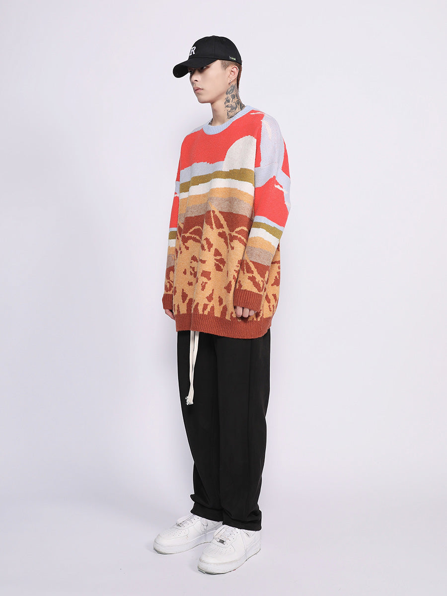Pull en tricot motif scène agricole