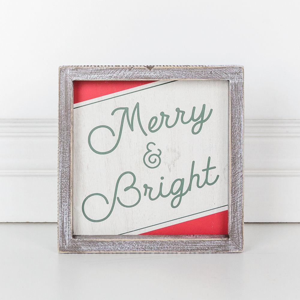 Merry And Bright 7 Zoll Holz Weihnachts-Wandschild Rot Grün Weiß Weihnachts-Wohndeko 7x7x1.5