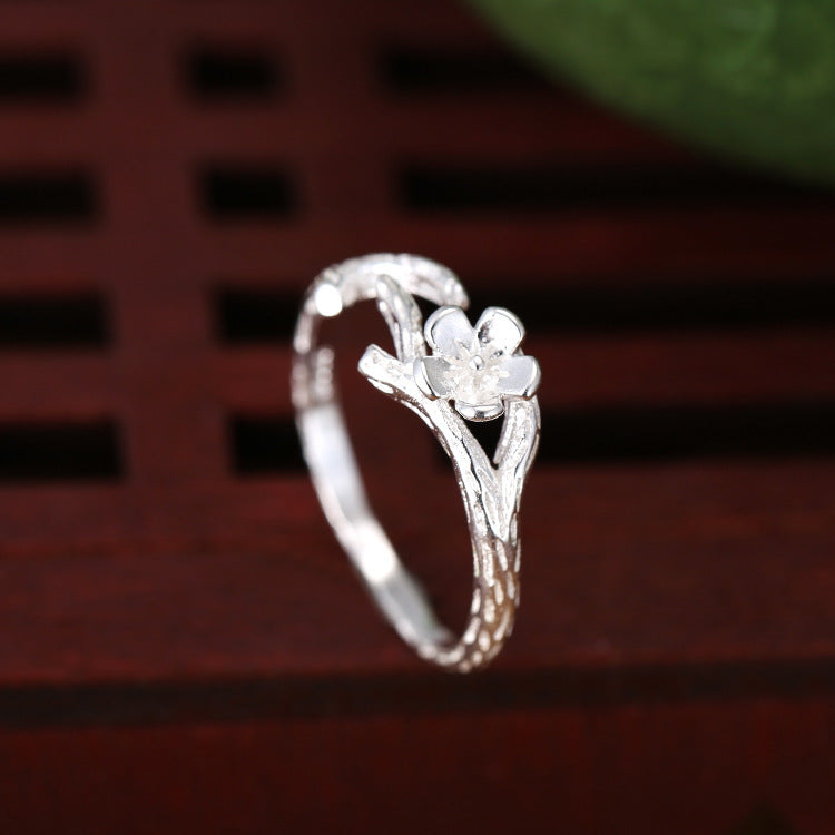 S925 Sterling Silver Open-ring Delicate Flower And Branch Plain Silver Ring