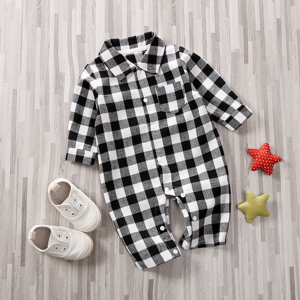 Spring Autumn Newborn Cotton Casual classic Plaid Collar Jumpsuit for Baby Boys / Girls In Elegant Retro Modern Style