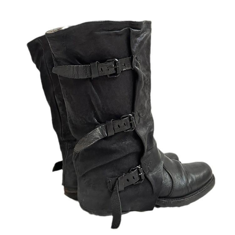 Womens Retro Leather-buckle Pleated Mid-calf Boots