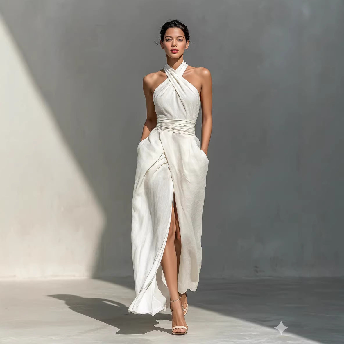 Sleeveless Elegant Slim-Fit Pure White Dress