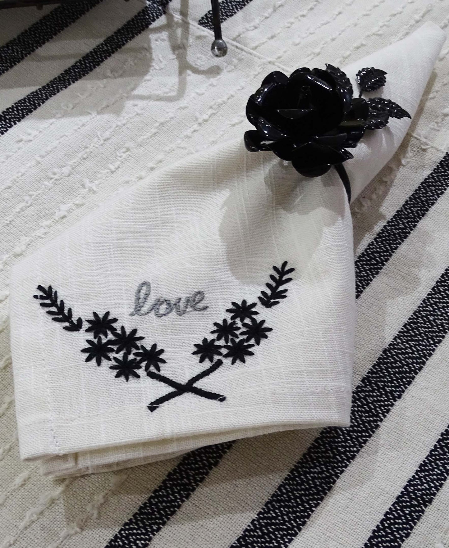 Vibhsa Cotton Table Napkins | Set of 4, "Love" Embroidery, 20"x20"