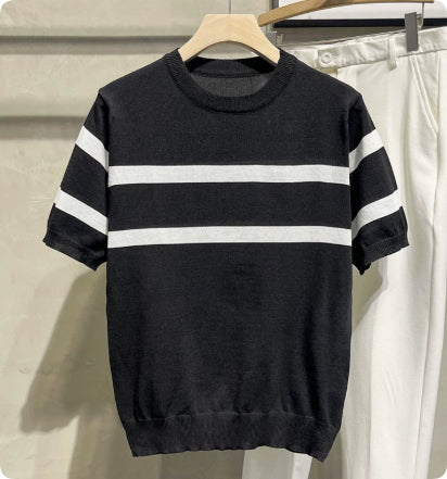 Men's Retro-style Round-neck Knitted Top With Ice Silk Short Sleeves