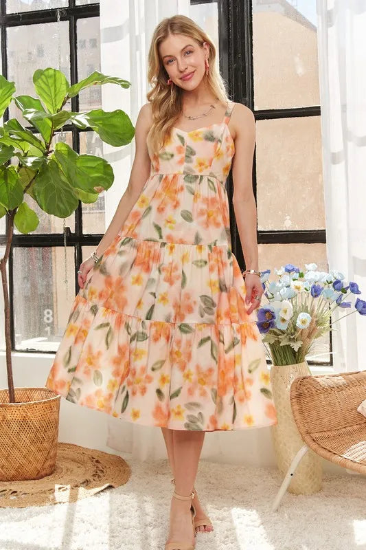 Smocked Back Floral Adjustable Strap Midi Dress For Women – Feminine, Floral, Fluttering, Comfortable Midi Dress