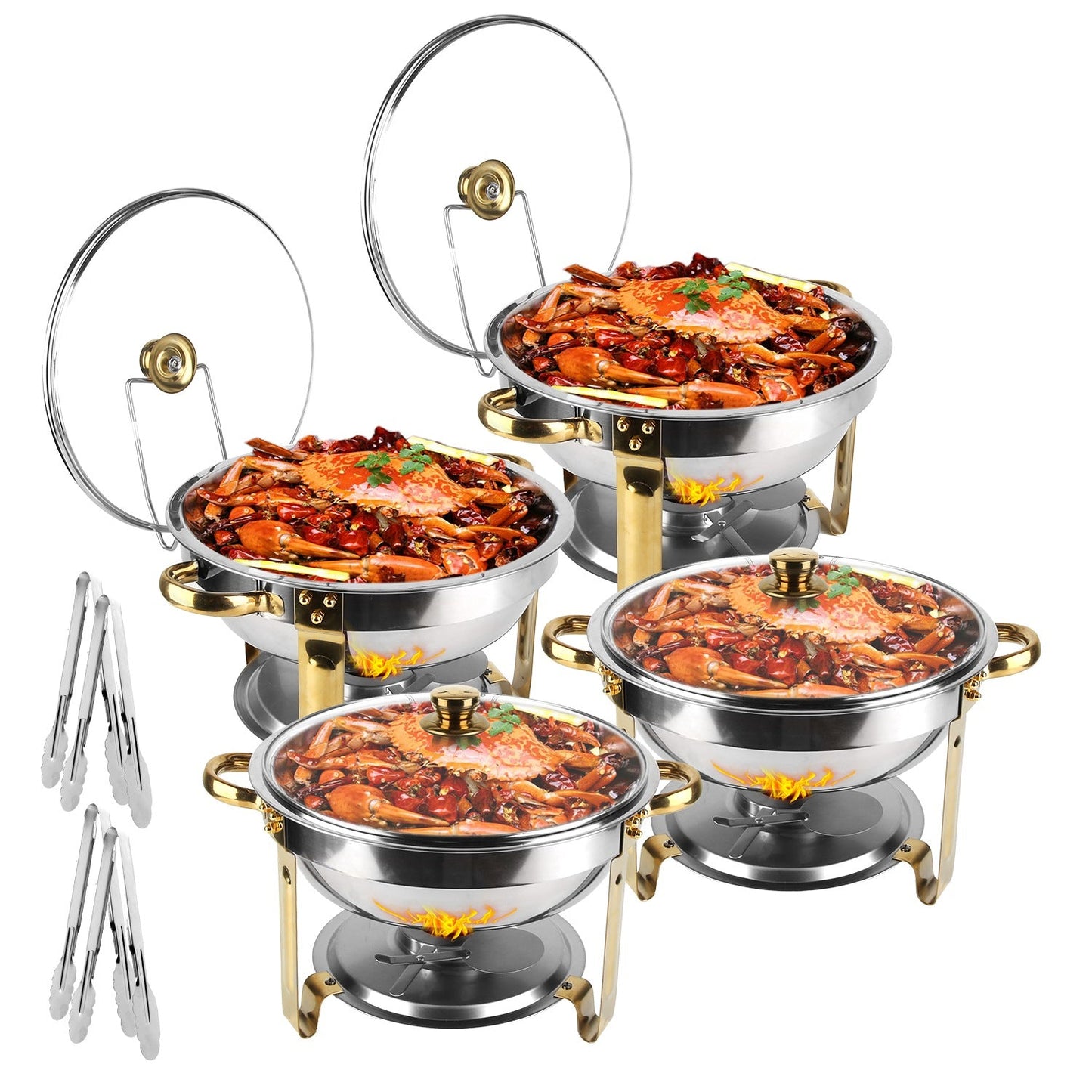 Lot de 4 chauffe-plats ronds de 4,5 litres en acier inoxydable avec couvercle en verre pour buffets, fêtes et événements