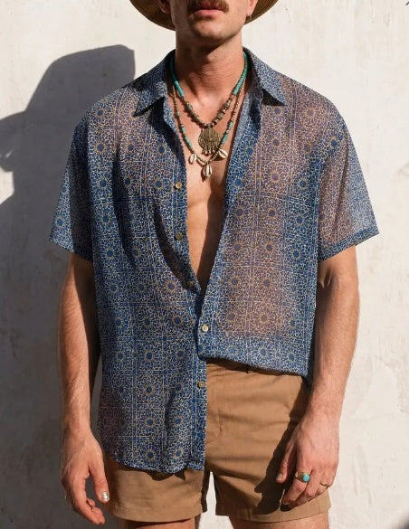 Moroccan Tile Print Sheer Short Sleeve Shirt