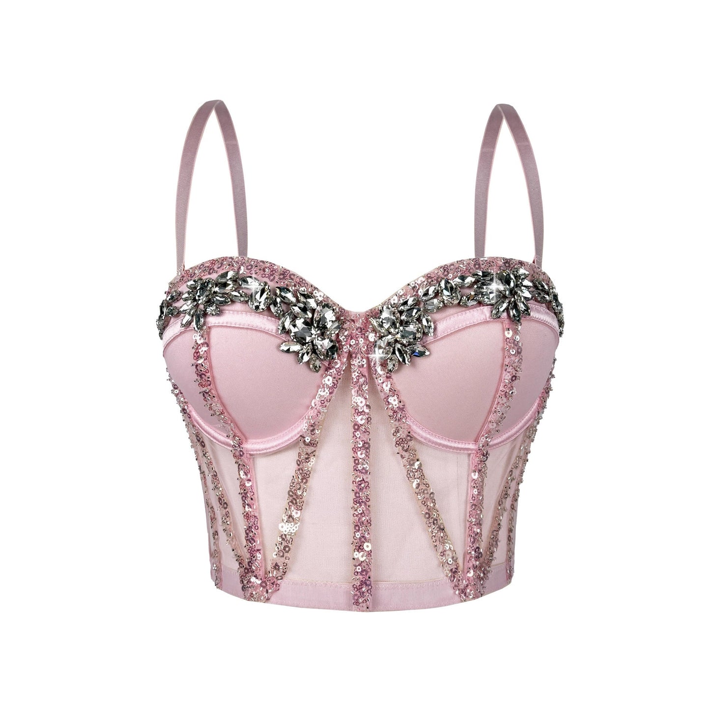 Cross-Border Rhinestone Mesh Fishbone Bra Semi-Transparent Sexy Slimming Suspender Tube Top Slimming Diamond Fishbone Top Stage