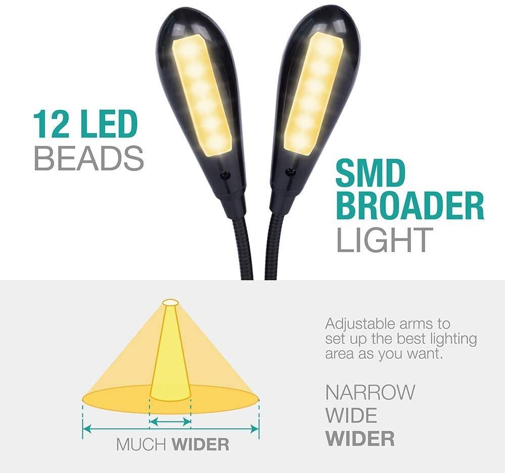 Super Adjustable Goosenecks Clip LED Lamp For Book Reading With Stand And Double Ligh Rechargeable 12 LED Warm Book Light, Clip On Bed Reading Light, Music Stand Lamp, 2 Brightness & 2 Goosenecks Light Up 2 Full Pages. Perfect For Bookworms, Kids & Music