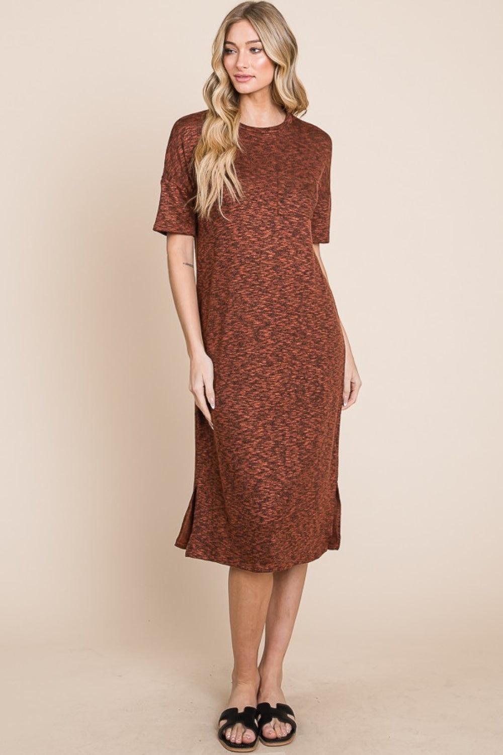 Round Neck Side Slit Midi Dress For Women – Chic Midi Dress, Stylish Round Neck Dress, Side Slit Dress, Versatile Midi Dress, Alluring Side Slit Dress, Elegant Dress for Any Occasion, Timeless Wardrobe Staple