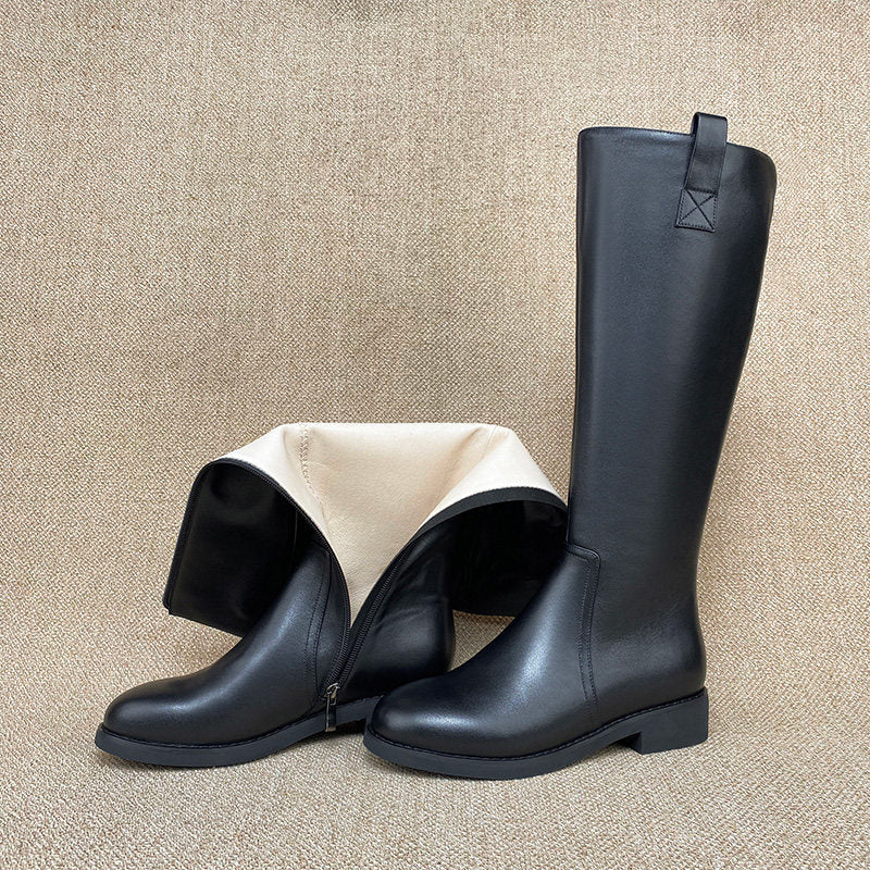 Genuine Leather Biker Boots Tall Boots For Petite Women Lined With Fleece