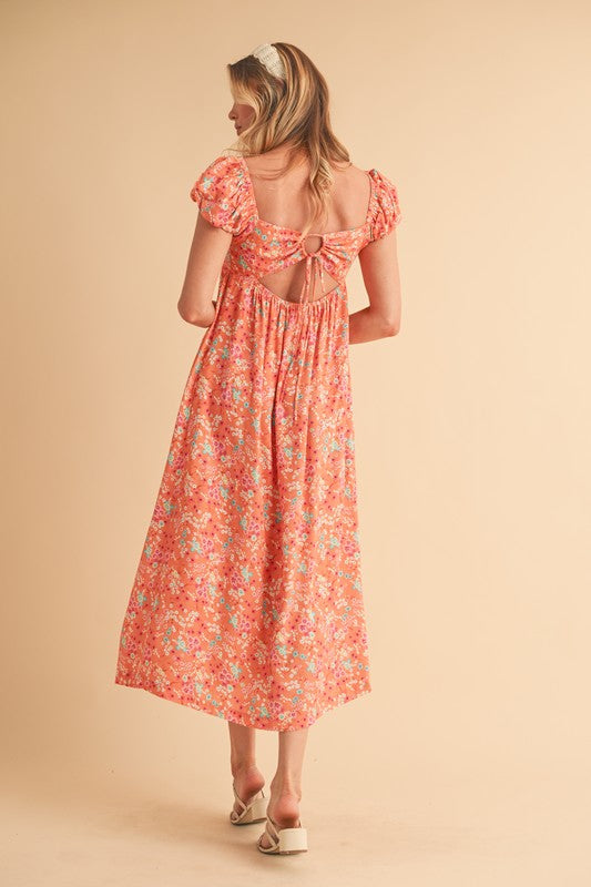 Cutout Back Floral Square Neck Puff Sleeve Midi Summer Dress For Women – Elegant & Feminine with Modern Details, Perfect for Special Occasions