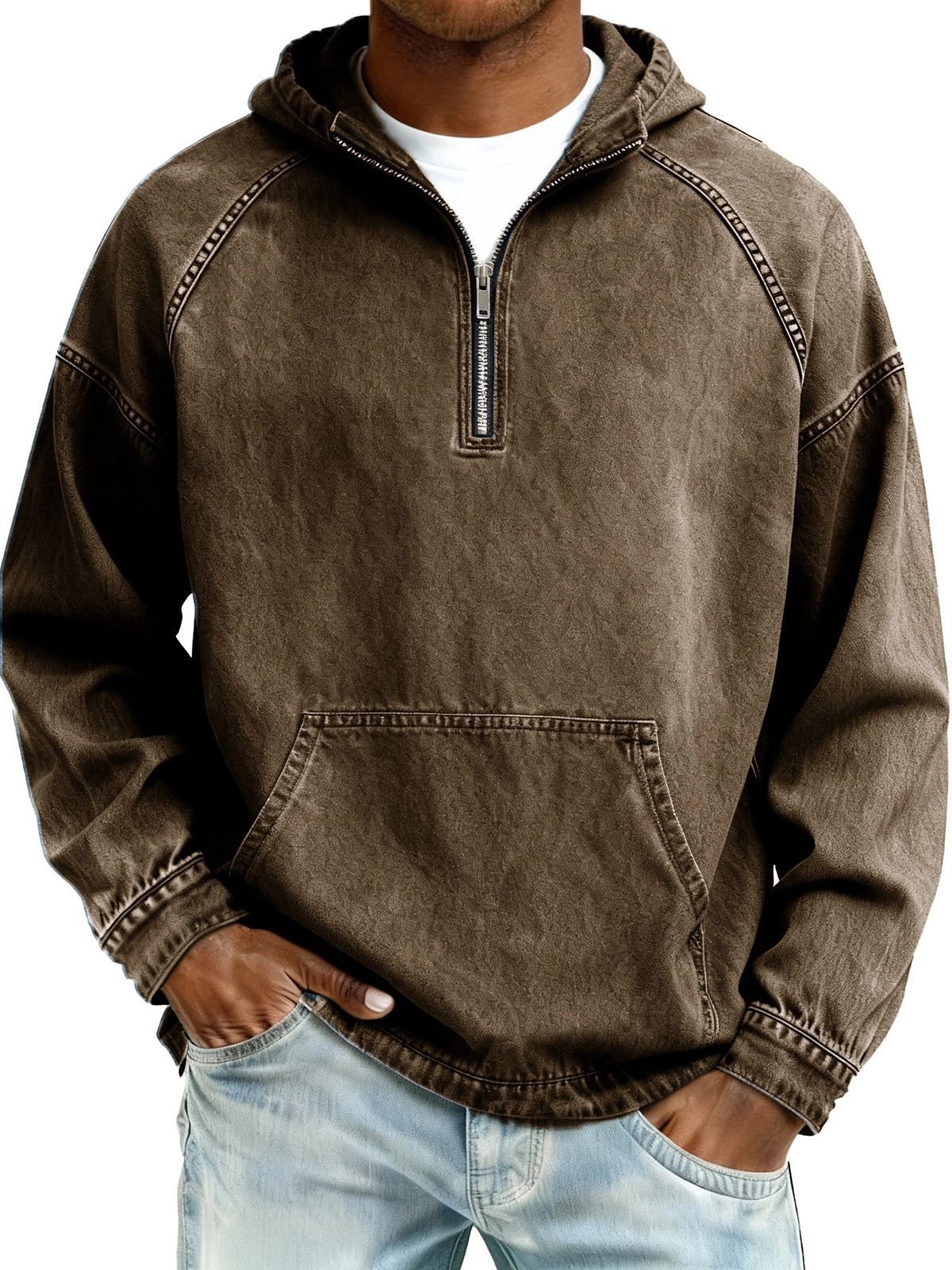 Mens Solid-Color Casual Hooded Zip-Up Sweatshirt