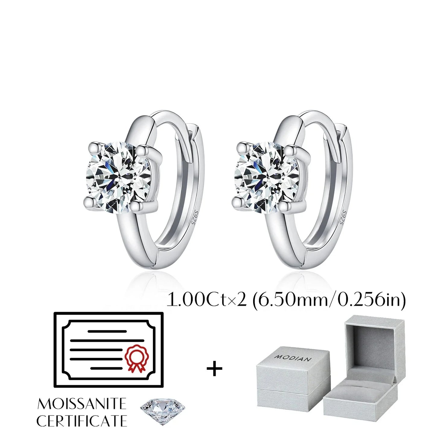 Ohrringe für Damen aus 925er Sterlingsilber mit D-farbenem, rundem Moissanit und funkelnden Creolen