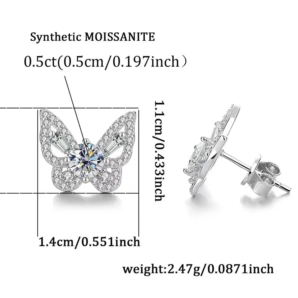 Boucles d'oreilles clous papillon en argent sterling 925 et moissanite, cadeau romantique pour femme