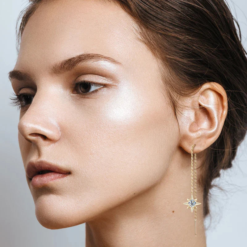 Boucles d'oreilles pendantes asymétriques étoile et lune en argent sterling 925 et moissanite