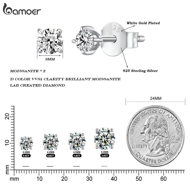 925 Sterling Silver Moissanite Stud Earrings VVS1 Lab Diamond Gift Unisex Party