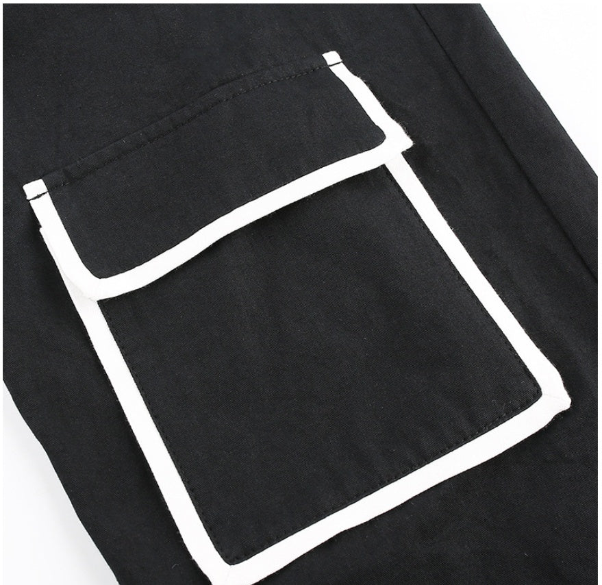 White Stripe Cargo Pants Women Trousers Pockets Patchwork Contrast Color High Waist Pants Hip Hop Capris
