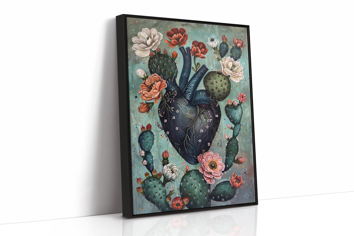 Kaktusherzblüte – Surreale botanische Kunst, dunkle florale Wanddekoration