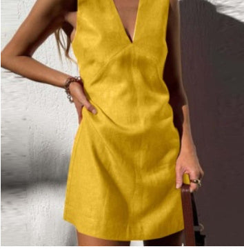πΏ V-Neck Cotton & Linen Sleeveless Mini Dress