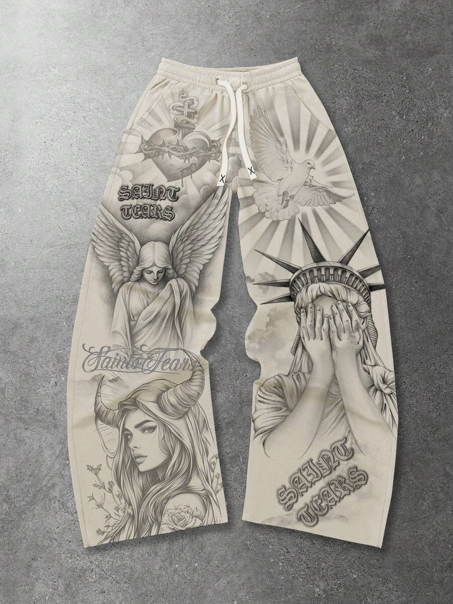 Retro Letter Print Mens Loose Casual Pants