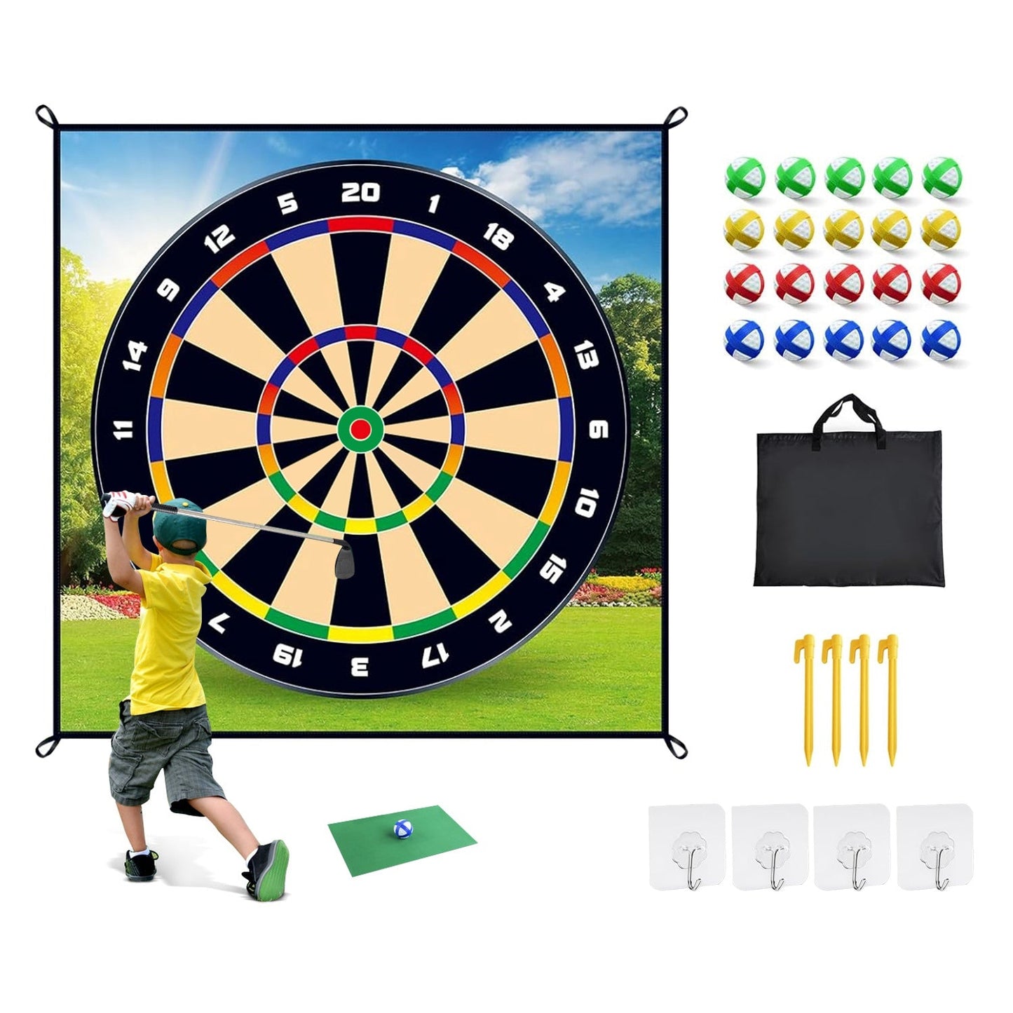 Jeu de fléchettes de golf avec 20 balles collantes, piquets, crochets de suspension, sac de transport, tapis d'entraînement de golf intérieur/extérieur pour enfants B