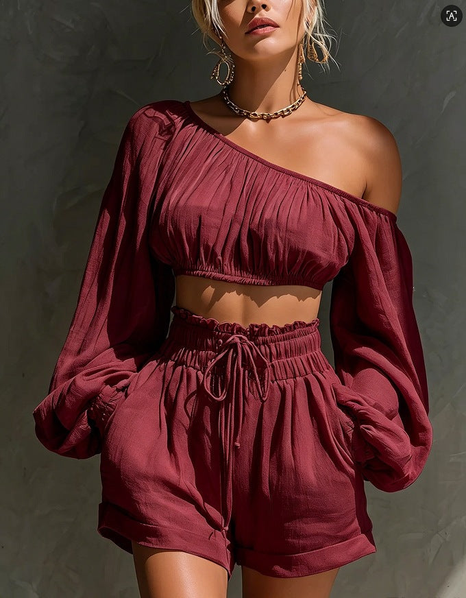 Women's One-Shoulder Ruched Crop Top & High-Waist Shorts Set