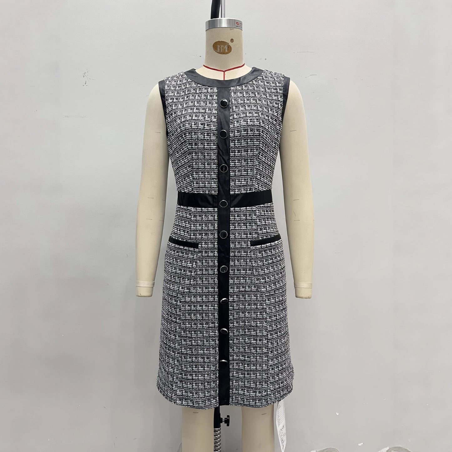 Women's Vintage Tweed Sleeveless A-Line Mini Dress – Leather Trim Vest Dress