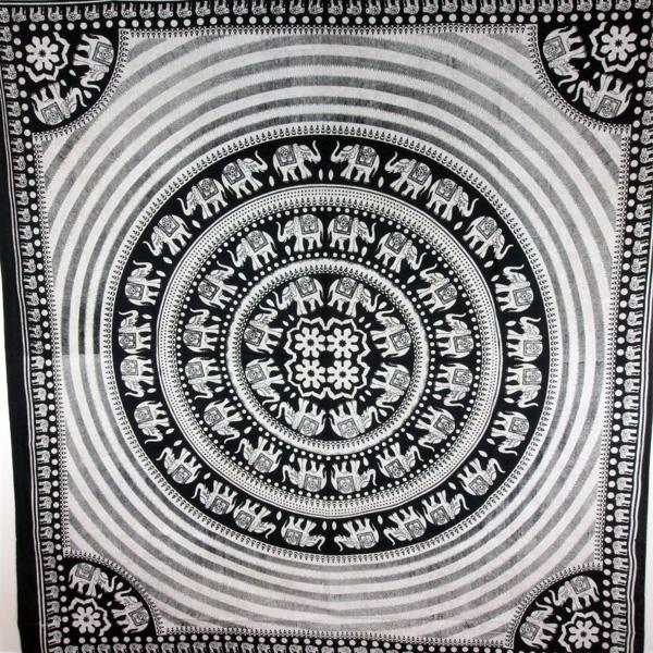 Schwarz Weiß Elefant Mandala Wandteppich mit Blumenmitte